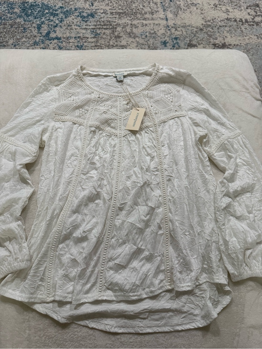 Sundance Top Womens Medium White Royal Rosie Peasant Crochet Boho Blouse E04